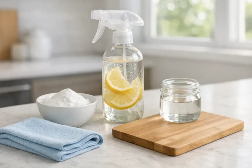 Spray bottle with lemon slices, baking soda, and cloth on a kitchen counter