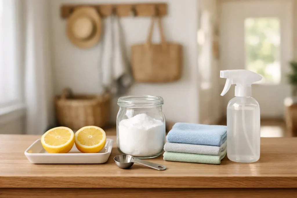 Lemons, baking soda, cloths, and spray bottle on a wooden table