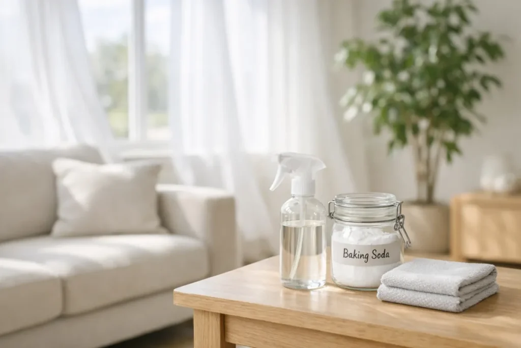 Spray bottle and jar of baking soda on a wooden table in a bright living room