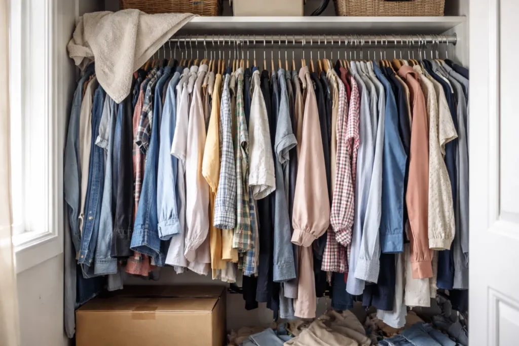 overcrowded closet with tightly packed clothes and a cardboard box on the floor