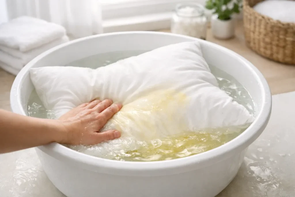 White pillow soaking in water during an oxygen bleach soak to lift yellow stains