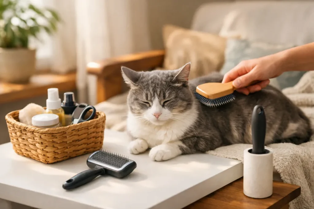 Person brushing a relaxed cat on a table with grooming tools nearby
