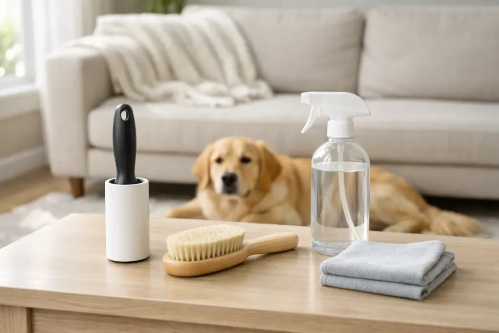 Lint roller, brush, spray bottle, and cloth on a table with a dog resting behind