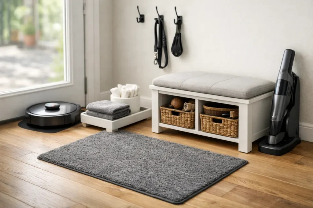 Organized entryway with pet storage bench, baskets, and cleaning tools