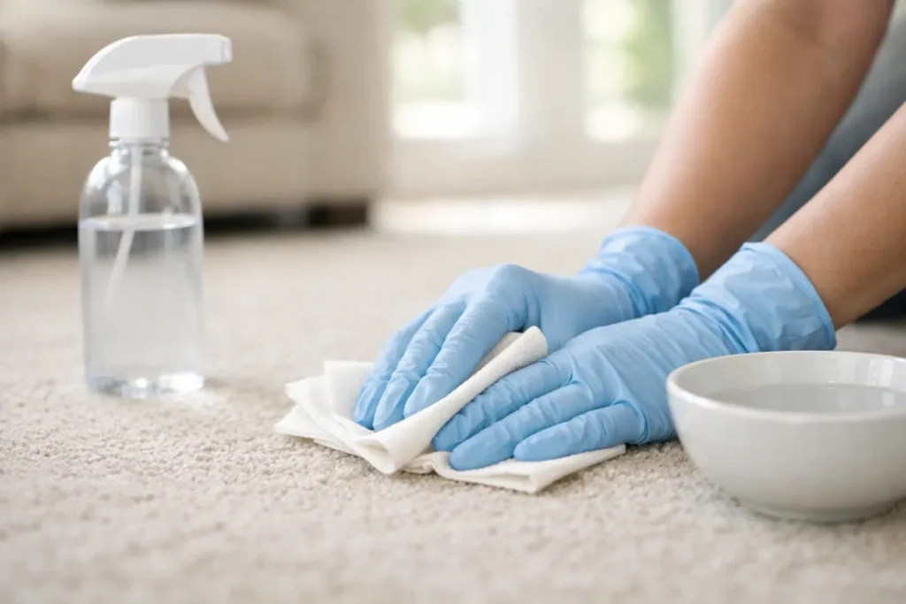 Hands wearing gloves cleaning a carpet with a cloth and spray bottle
