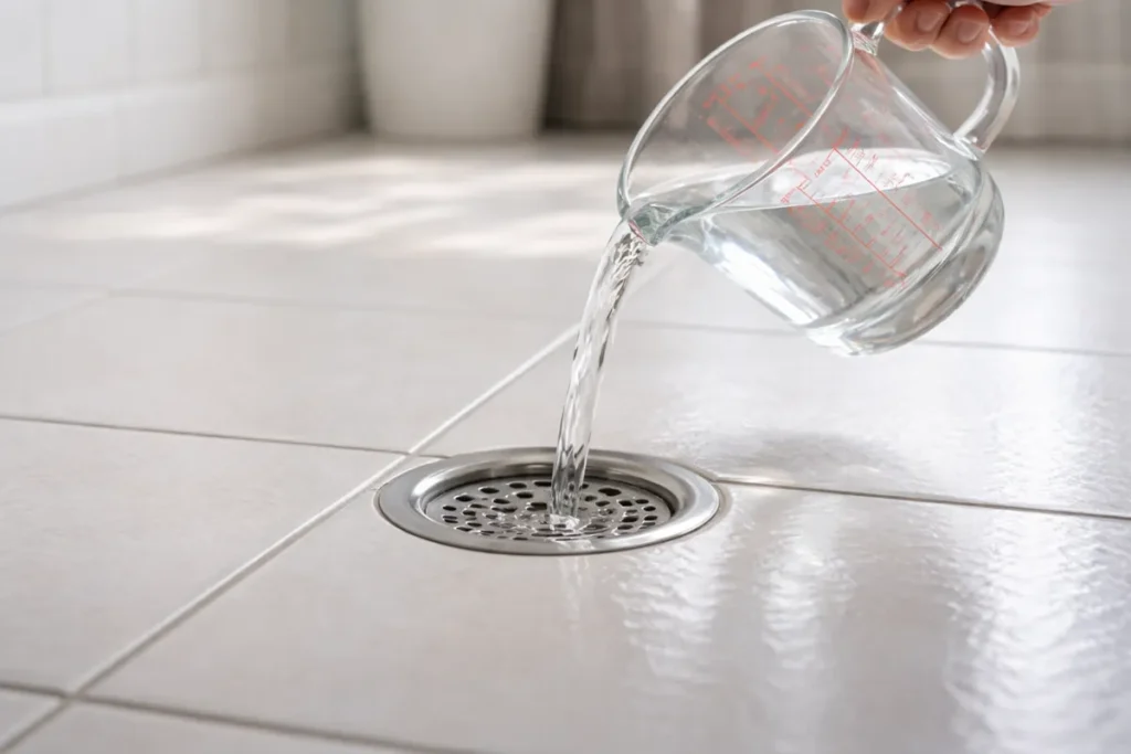 water being poured into a bathroom floor drain to restore the P-trap seal