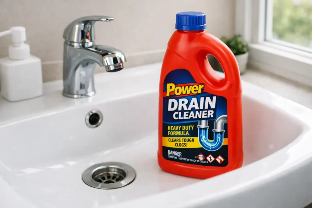 drain cleaner bottle placed beside a bathroom sink drain