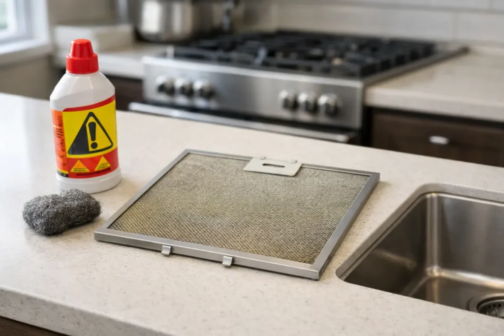 range hood filter next to harsh cleaner and steel wool on kitchen counter