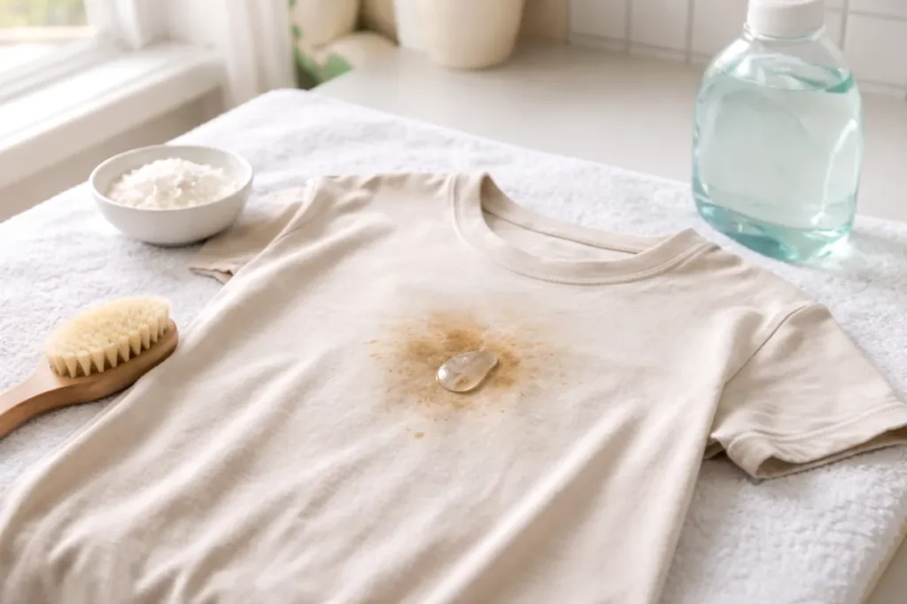 Grease stain on a cotton T-shirt with dish soap and cornstarch ready for pre-treatment