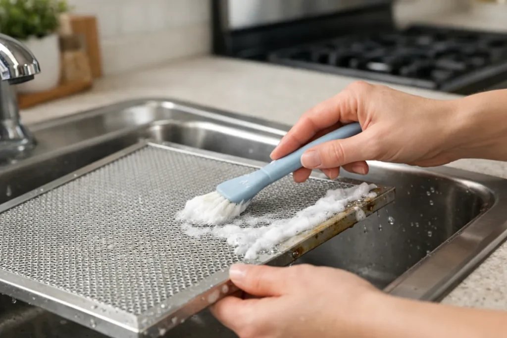 scrubbing range hood filter with soft brush and soap in kitchen sink