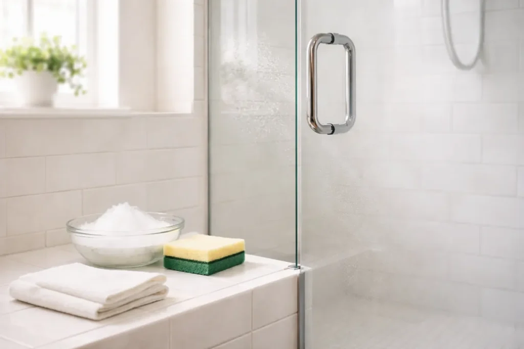 Bowl of soapy water and sponge next to a glass shower door being cleaned