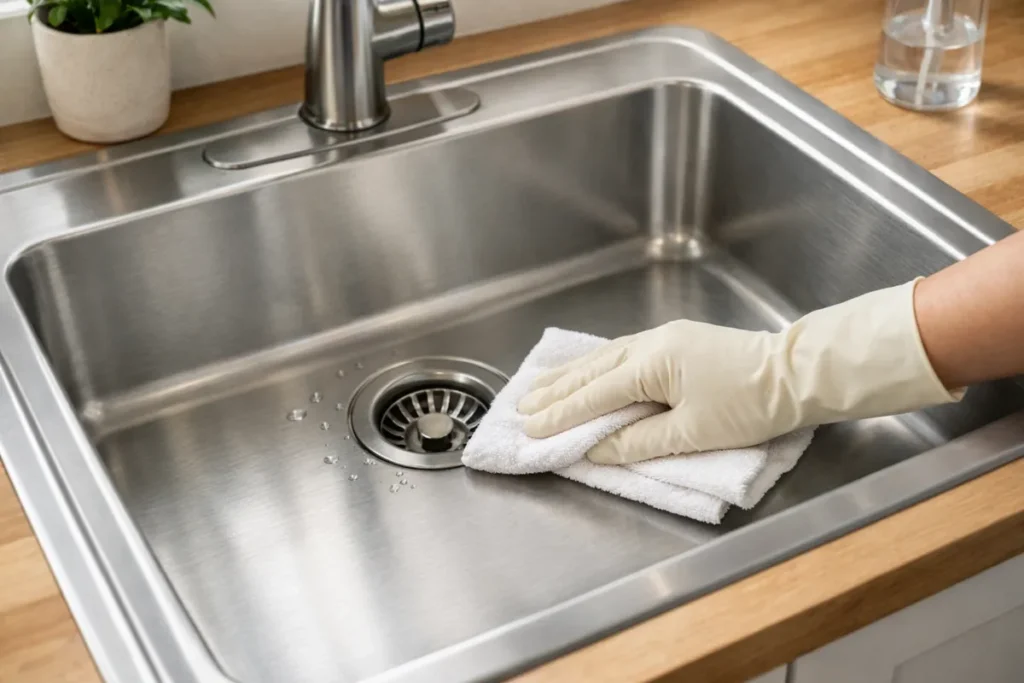A stainless steel sink being wiped clean with a microfiber cloth