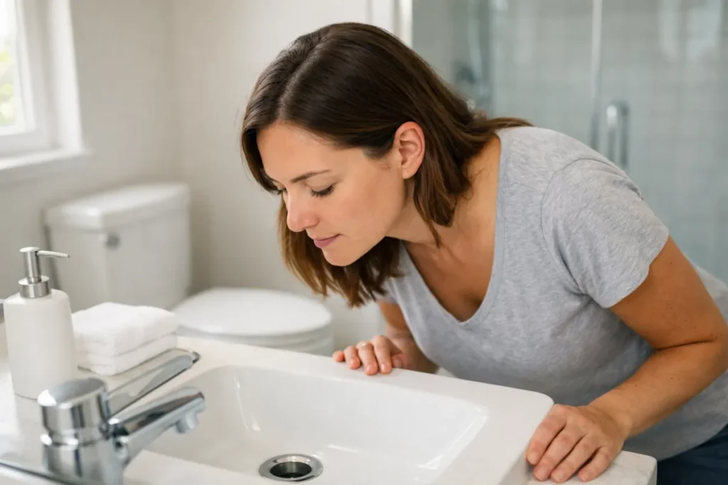 woman inspecting bathroom sink drain