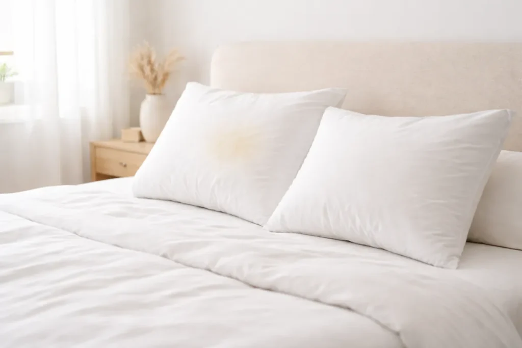 Yellow stains on white pillows caused by sweat and body oils