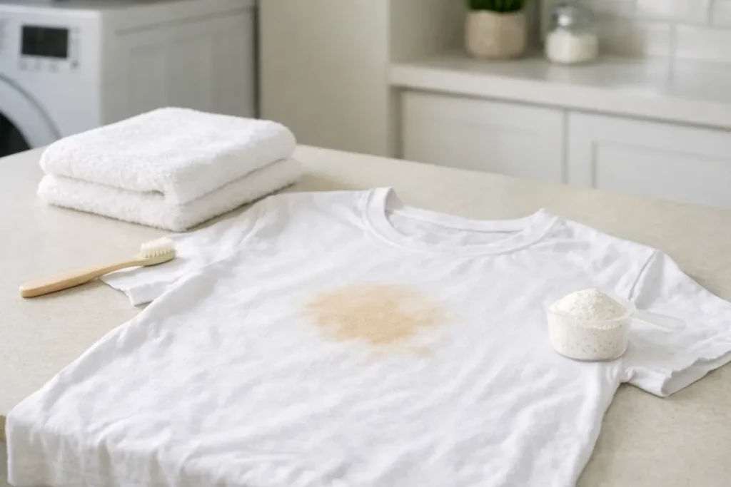 coffee stain on white shirt with laundry tools on counter