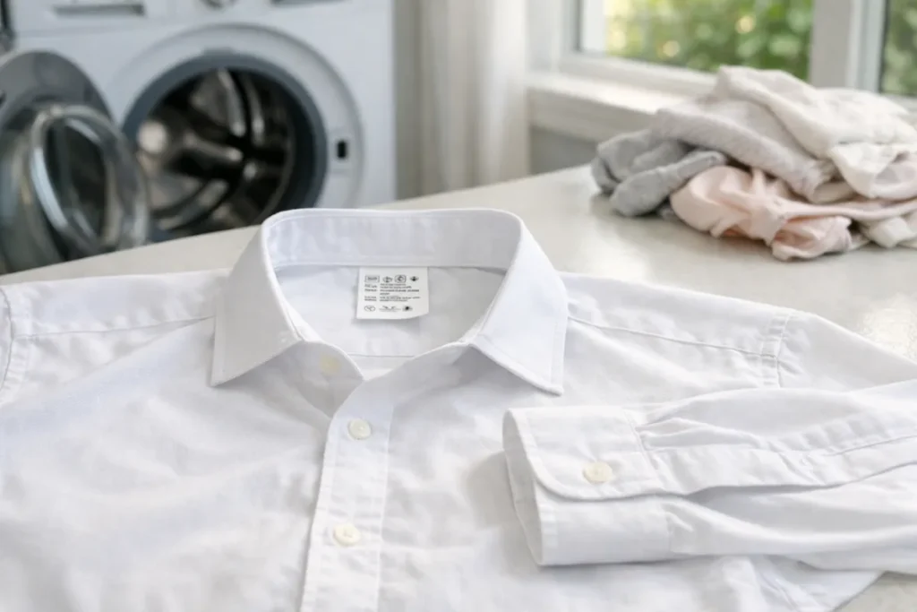 white shirt laid flat in a laundry room before drying