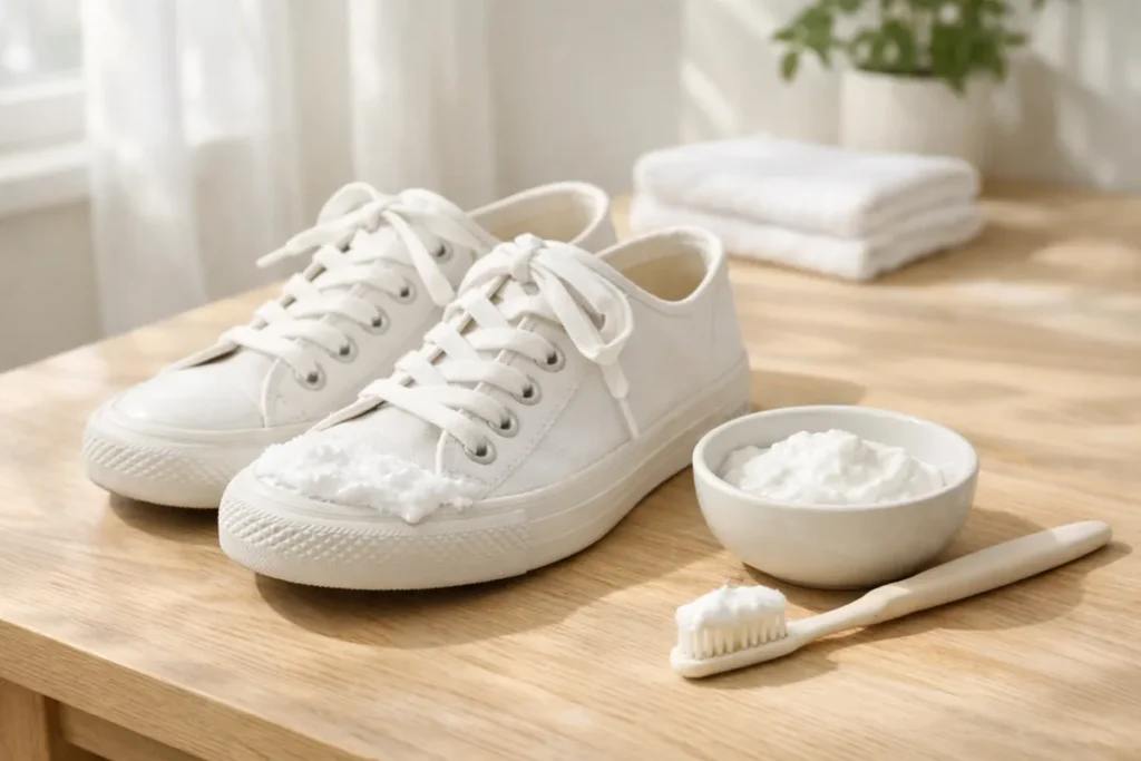 Baking soda paste applied to white canvas sneakers for cleaning