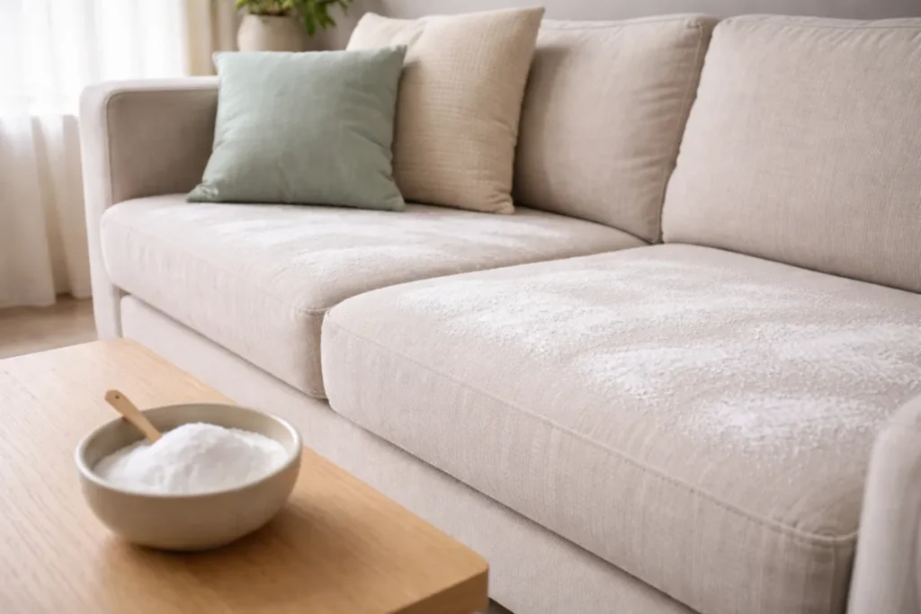 Baking soda on couch cushions to help remove odor