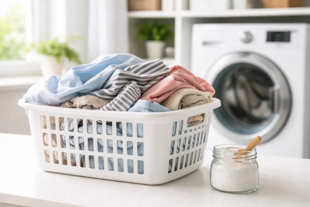 laundry basket with clothes and baking soda jar near washing machine