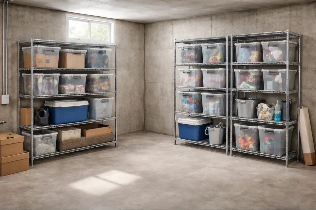 Organized basement shelves with plastic storage bins replacing cardboard boxes
