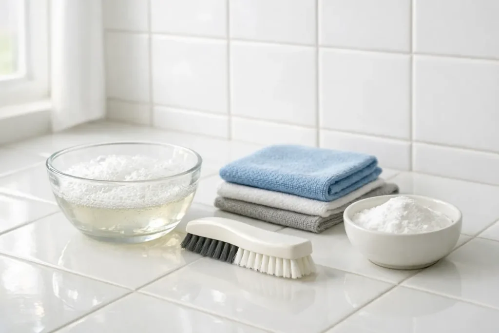 bathroom tile cleaning tools with soapy water brush microfiber cloths and baking soda
