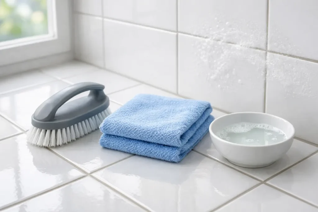 soft brush microfiber cloth and mild cleaner on bathroom tiles ready for grout cleaning