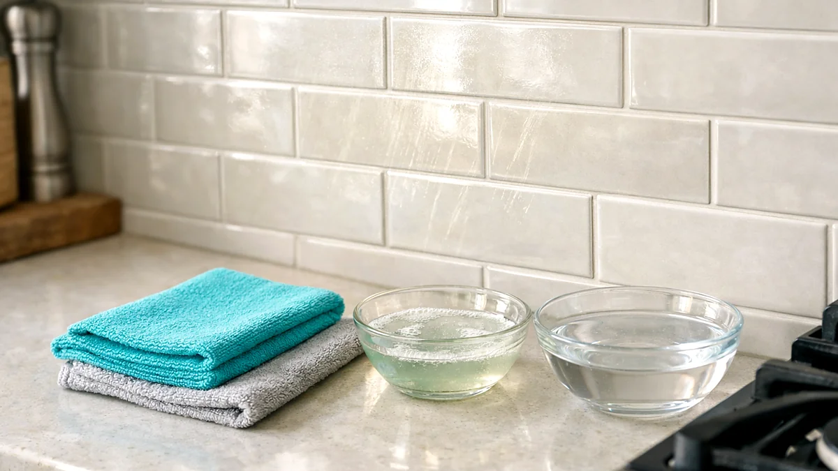 Clean a greasy backsplash cleaning setup with microfiber cloths and bowls on a kitchen counter