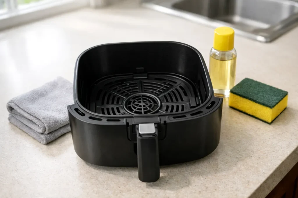 clean air fryer basket on kitchen counter next to sponge, cloth, and cooking oil bottle