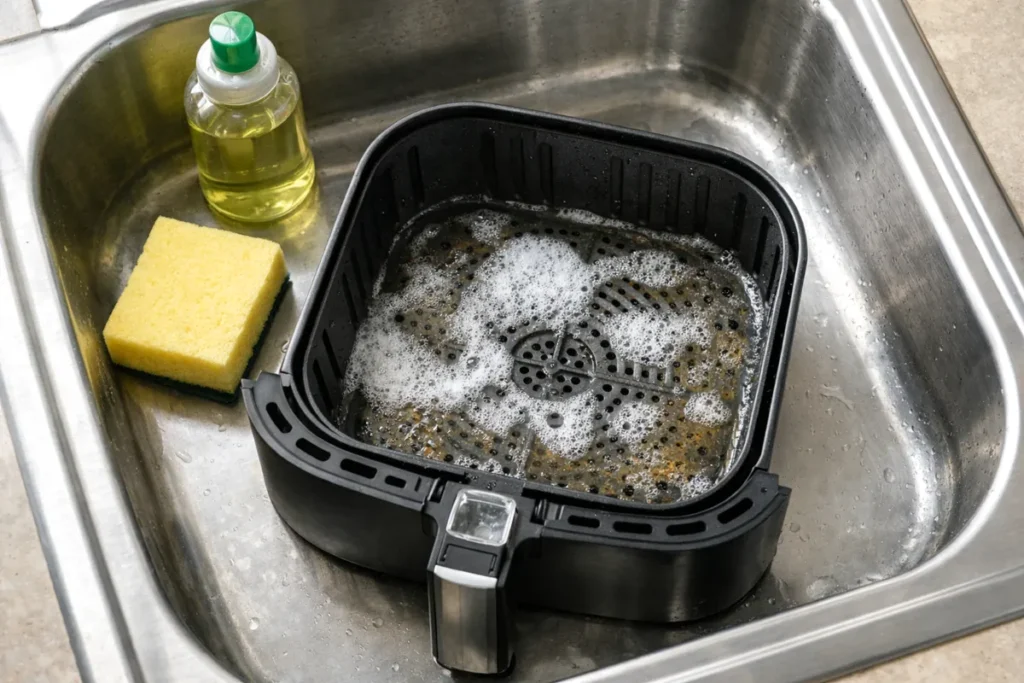 air fryer basket soaking in warm soapy water in a kitchen sink with sponge and dish soap nearby