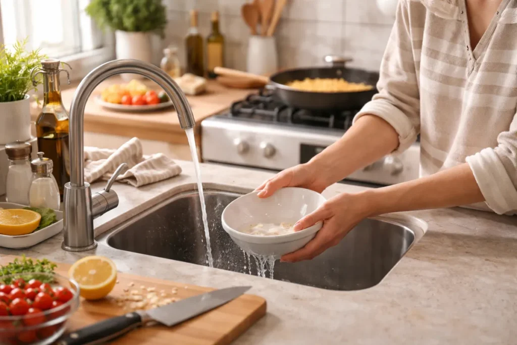 rinsing a bowl in the sink while cooking to keep kitchen clean