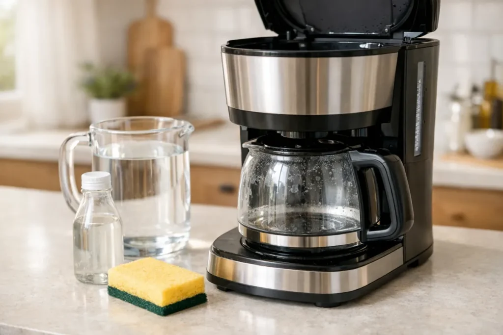 coffee maker with vinegar bottle, water pitcher, and sponge prepared for cleaning on a kitchen counter