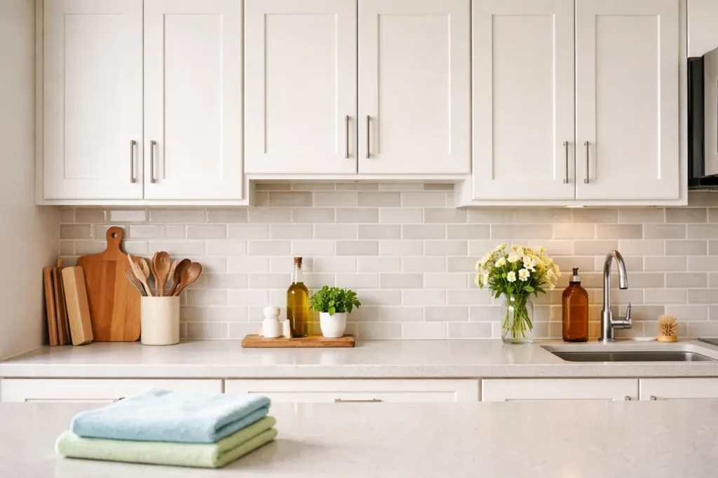 clean kitchen cabinets above countertop with folded microfiber cloths