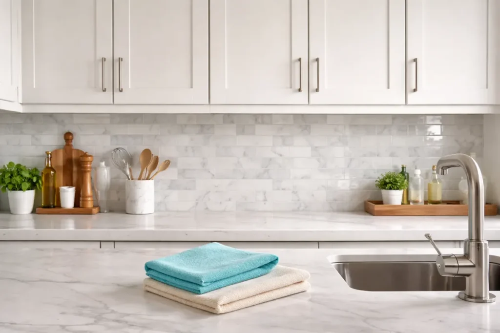 microfiber cloths on kitchen counter under clean kitchen cabinets
