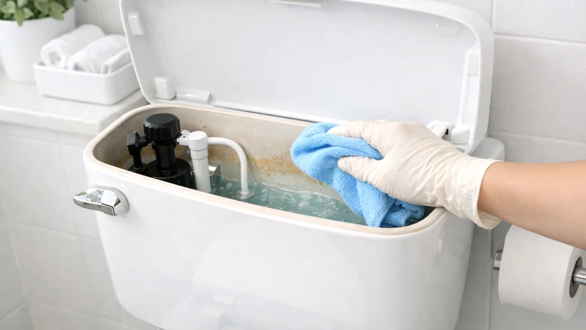 clean a toilet tank interior with cloth and remove stains