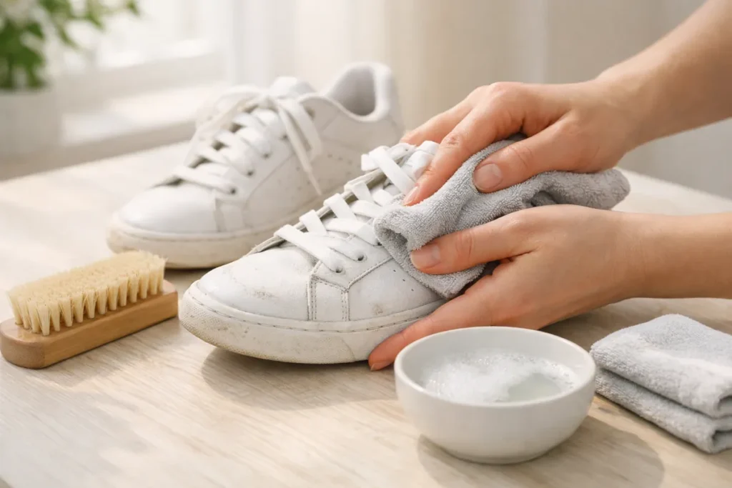 Cleaning white sneakers with a cloth and mild soap solution