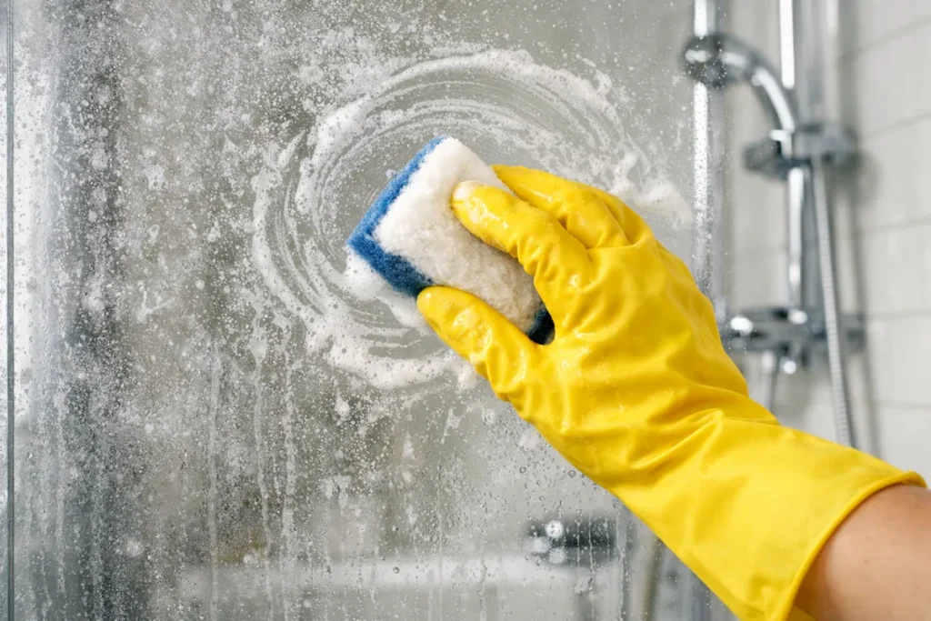 Cleaning hard water stains from shower glass with sponge and soap solution