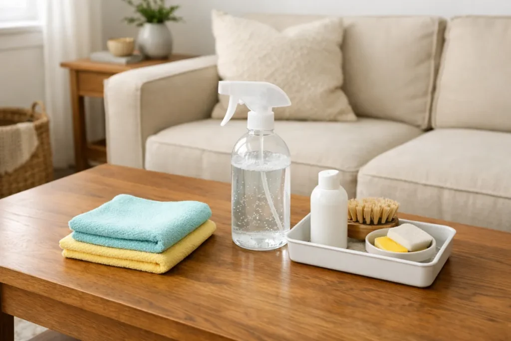 microfiber cloths and spray bottle with cleaning supplies on a living room coffee table