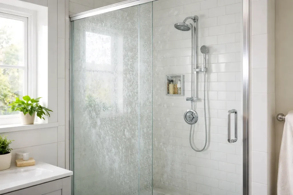 Cloudy shower glass covered with hard water mineral stains