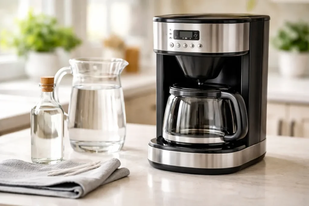 drip coffee maker with vinegar bottle and water pitcher prepared for cleaning on a kitchen counter
