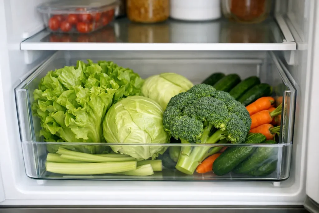 Vegetables stored neatly in crisper drawer with space and airflow