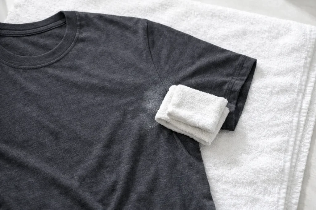 Damp cloth resting on shirt underarm area with light deodorant residue