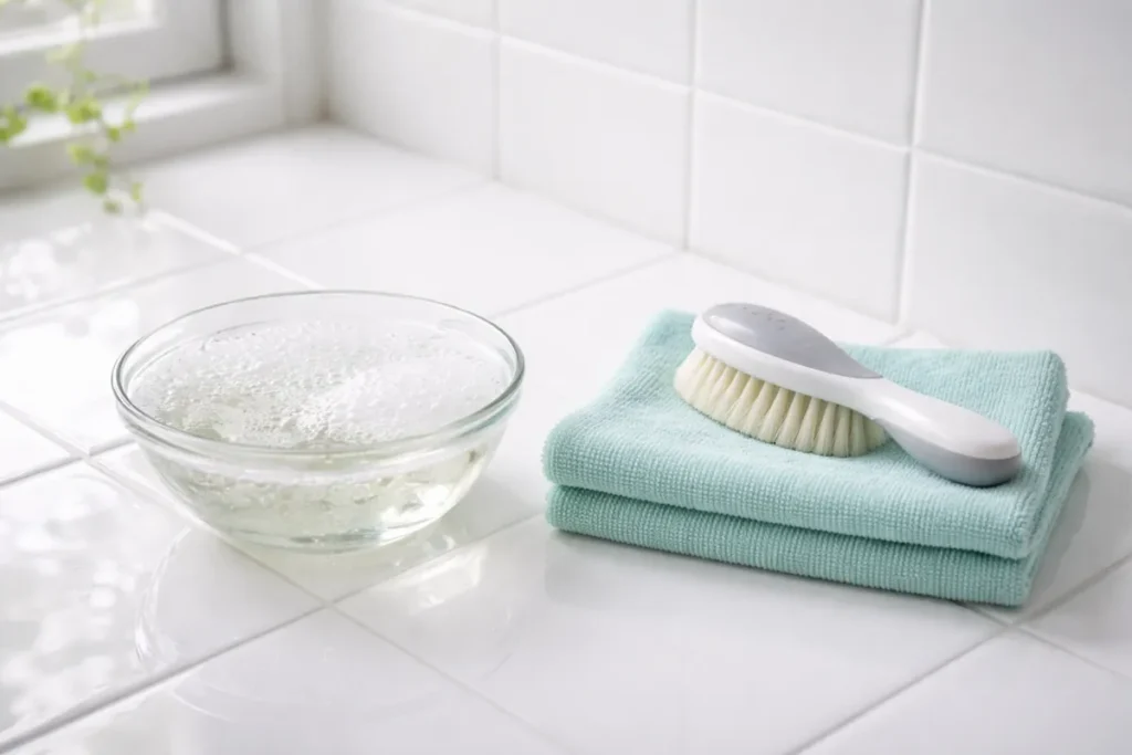 dish soap solution and soft nylon brush for cleaning bathroom tiles and grout