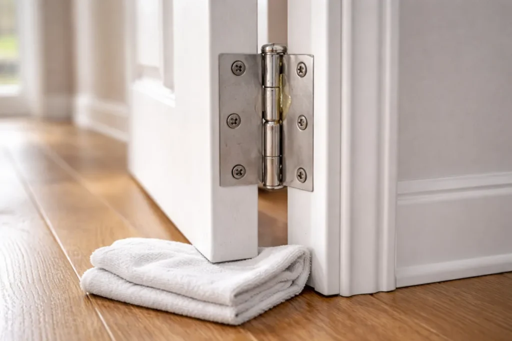 Door hinge with lubricant and cloth placed underneath on wood floor
