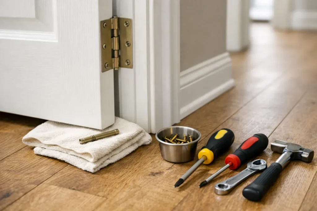 Door hinge repair setup with tools, screws, and cloth on wood floor