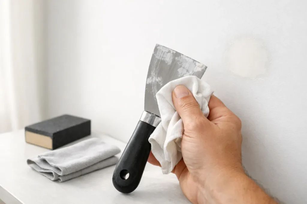 Cleaning a putty knife while repairing a small drywall hole