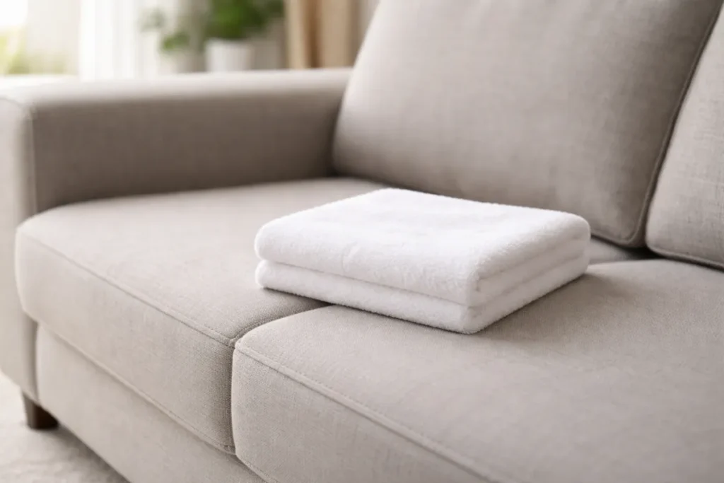 Folded white towels on a clean fabric couch ready for cleaning