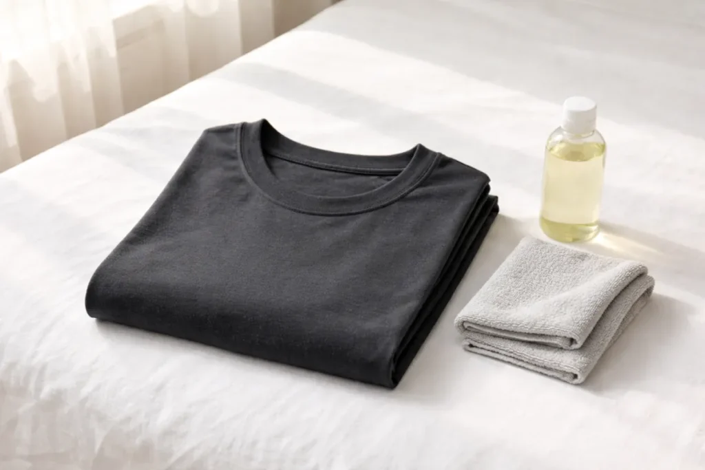 Folded dark T-shirt with microfiber cloth and detergent on a clean laundry surface