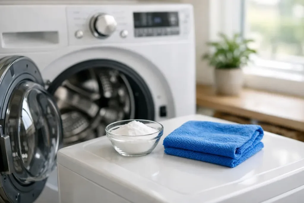 baking soda and microfiber cloth next to open front load washing machine for cleaning