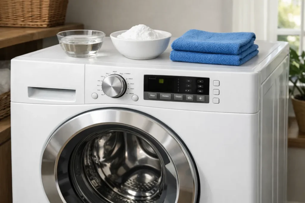front load washing machine with vinegar baking soda and microfiber cloth for natural cleaning