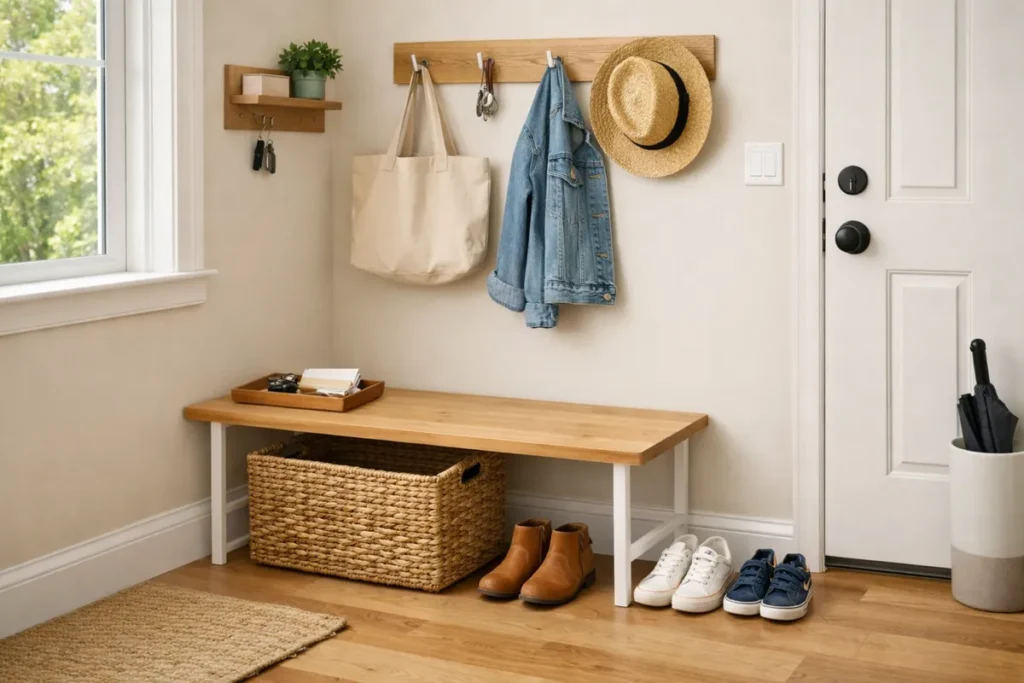 organized entryway with bench and basket for daily items